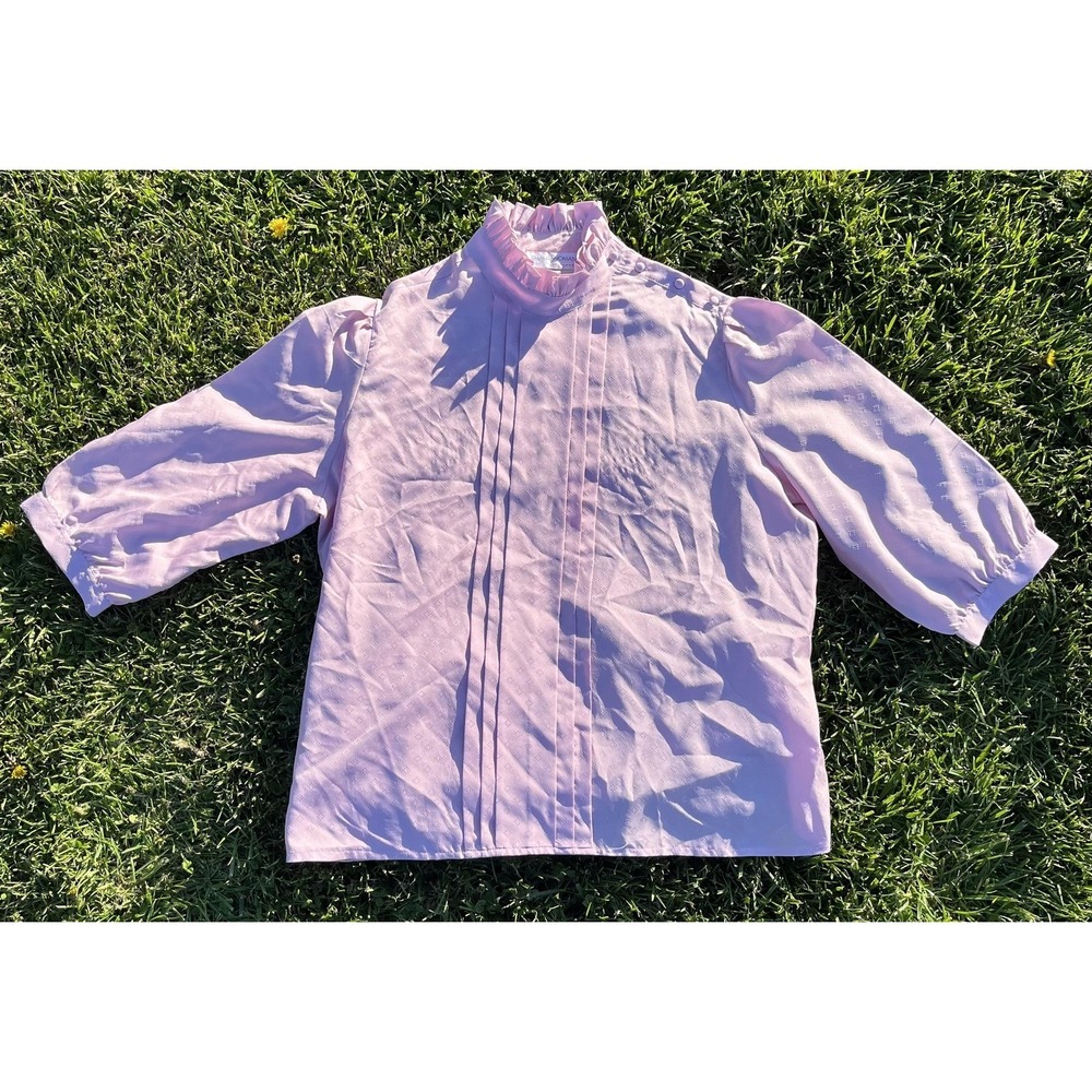 Vintage Pink Ruffle Neck Blouse Womens M CHAUS Woman Cottagecore Top - Picture 2 of 11